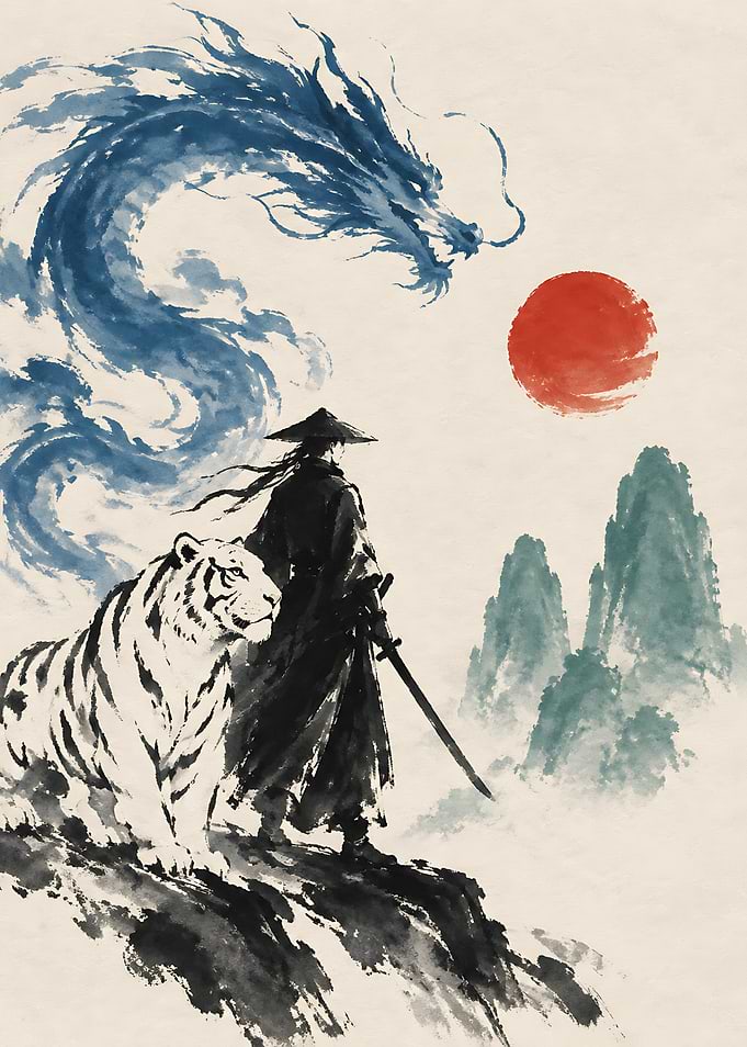 Samurai with Tiger and Dragon