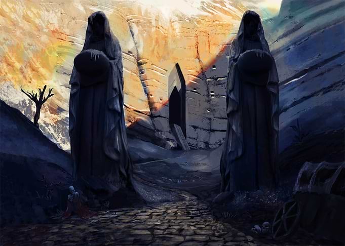 Dark Fantasy Gateway with Stone Statues