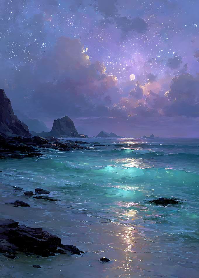 Ethereal Moonlit Ocean Shoreline