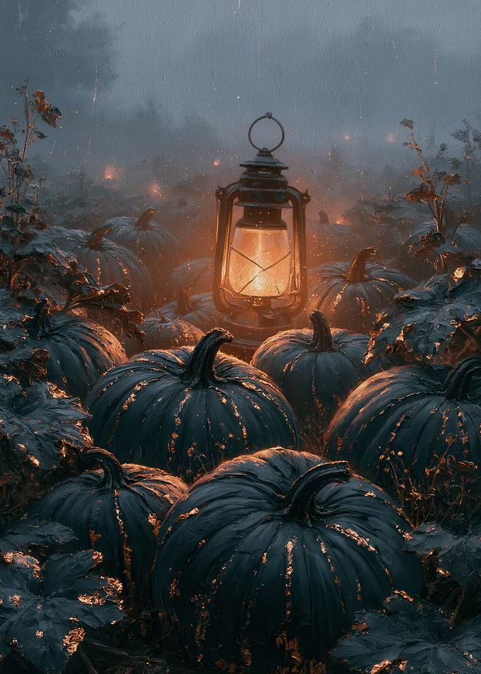 Glowing Lantern in a Dark Pumpkin Field at Night, Gold Leaf Halloween Painting