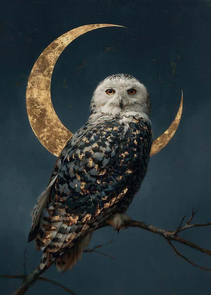 Snowy Owl Before a Gold Leaf Crescent Moon, Midnight Blue Gothic Painting
