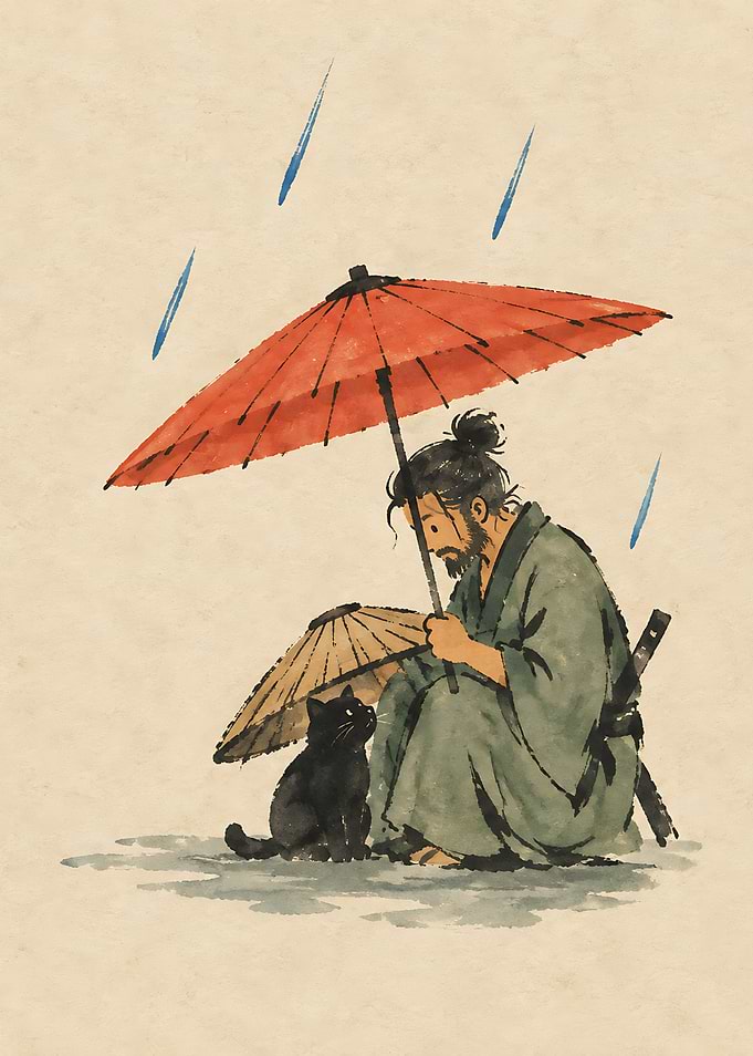 Samurai Sharing Umbrella with Cat