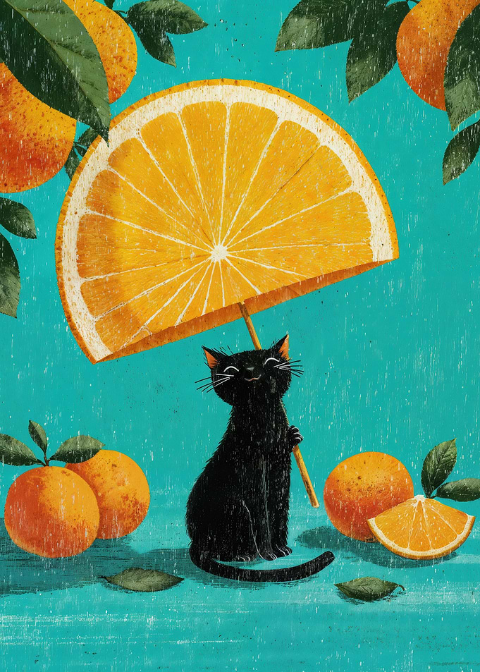 Black Cat Holding Giant Orange Slice Umbrella