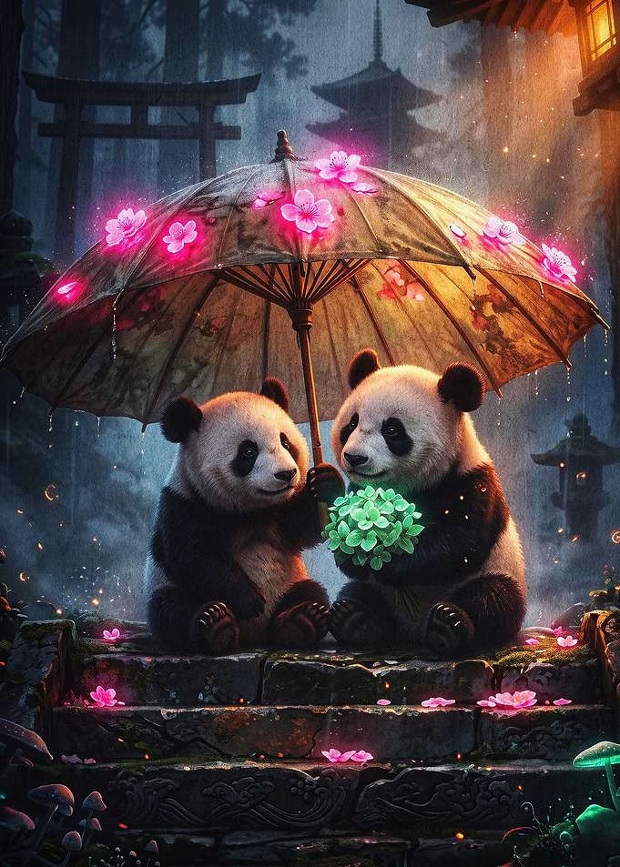 Panda Rain Cherry Blossom Fantasy A