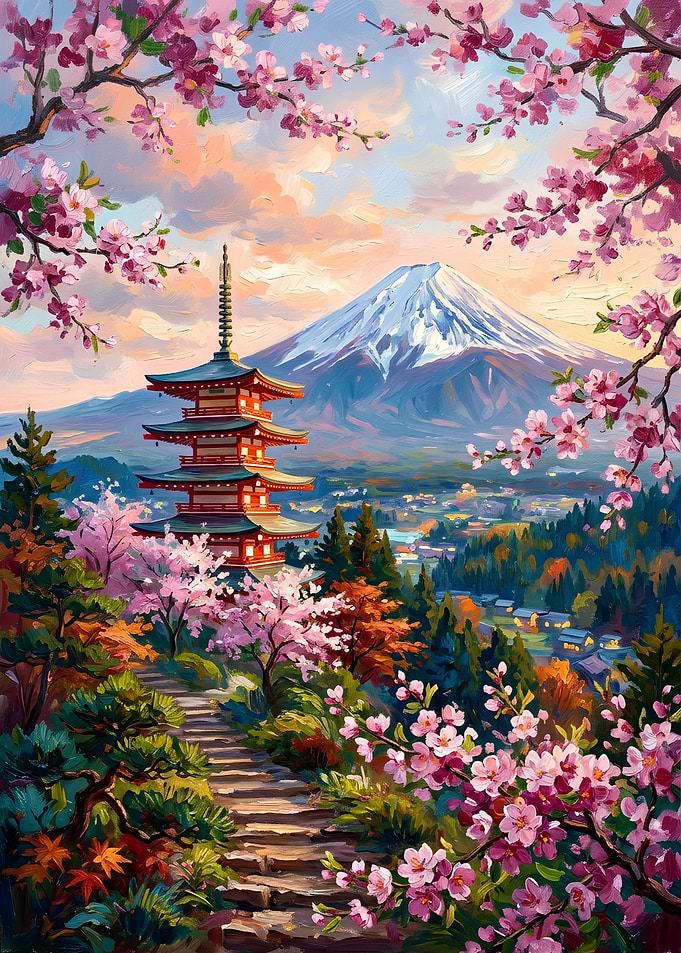 Mount Fuji and Pagoda in Spring