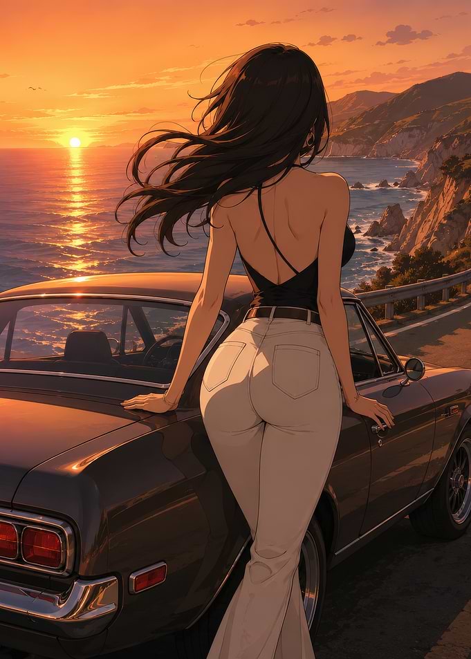 Woman Leaning on Vintage Car at Sunset