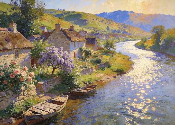 Idyllic Riverside Cottage Landscape Painting