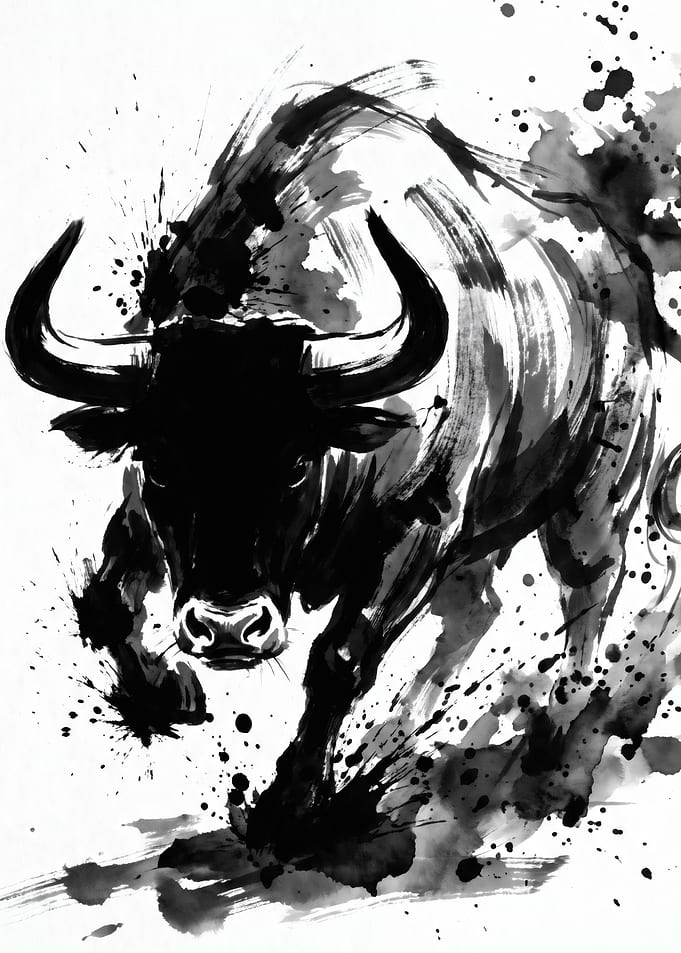 Dynamic Ink Wash Charging Bull