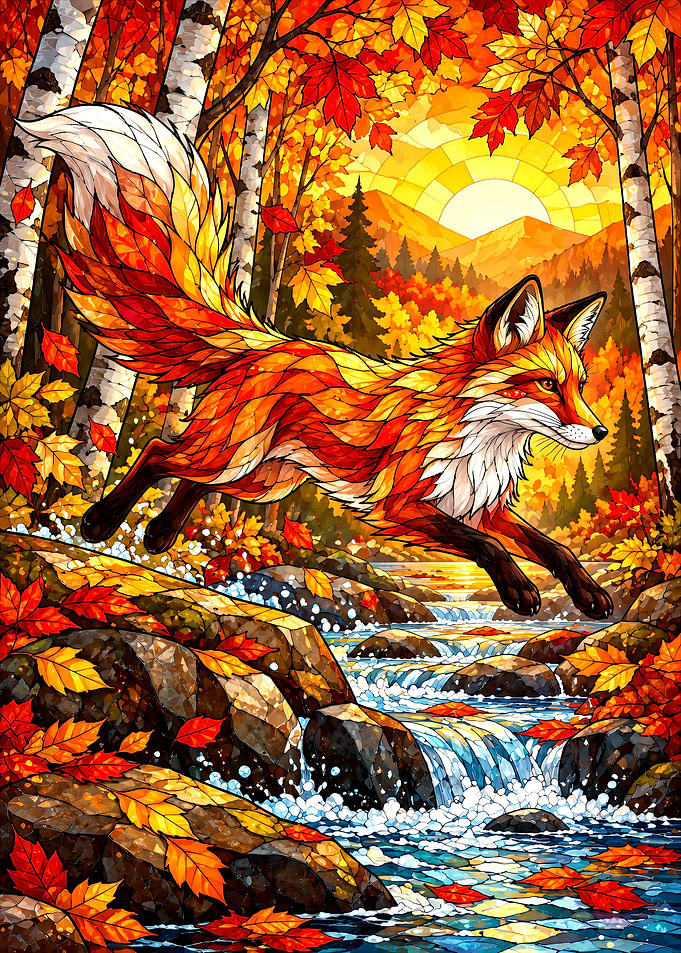 Stained Glass Fox in Autumn Forest