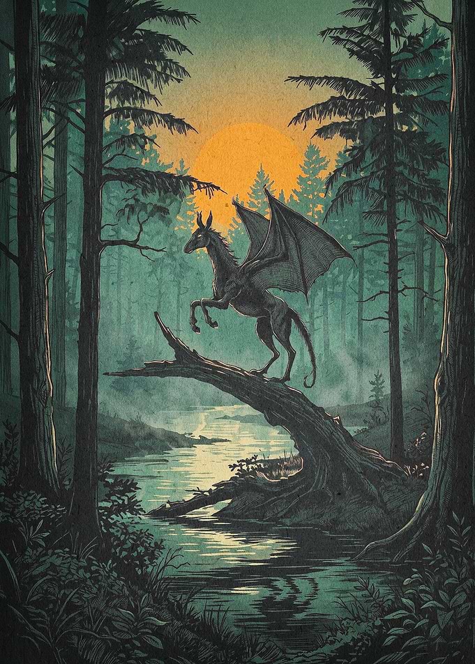 Winged Horse Retro Forest Art