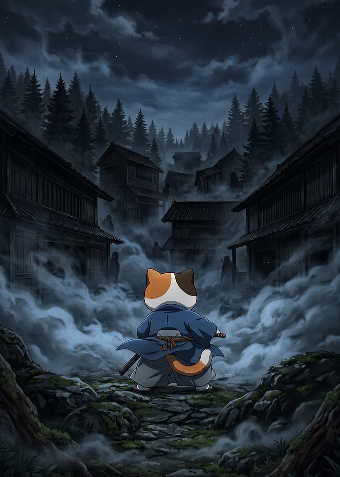 Calico Cat Samurai in Misty Village