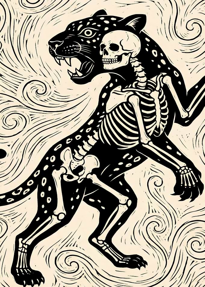 Anatomical Leopard Skeleton Woodcut Art