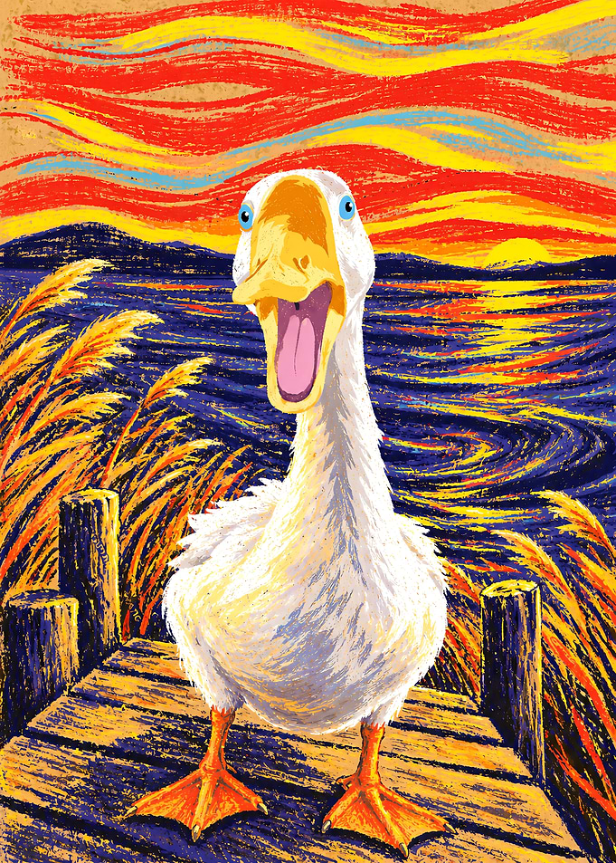 Funny Goose on a Wooden Dock