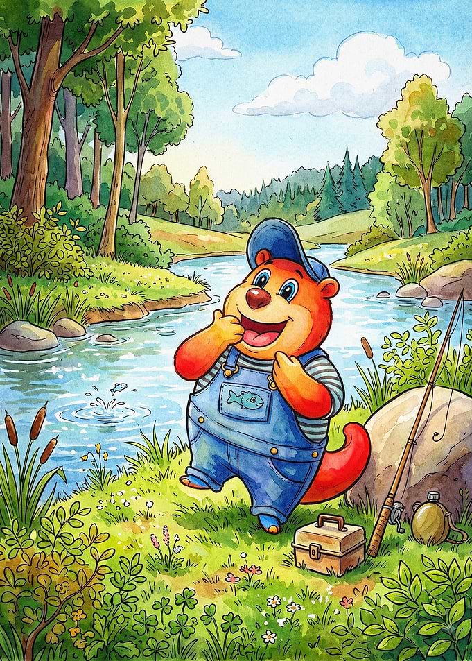 Otter Fishing Watercolor Poster