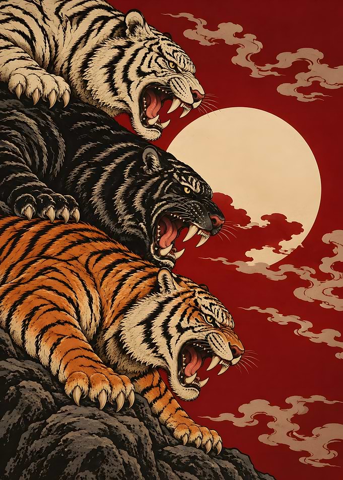 Triple Tiger Ukiyo e Red Sun