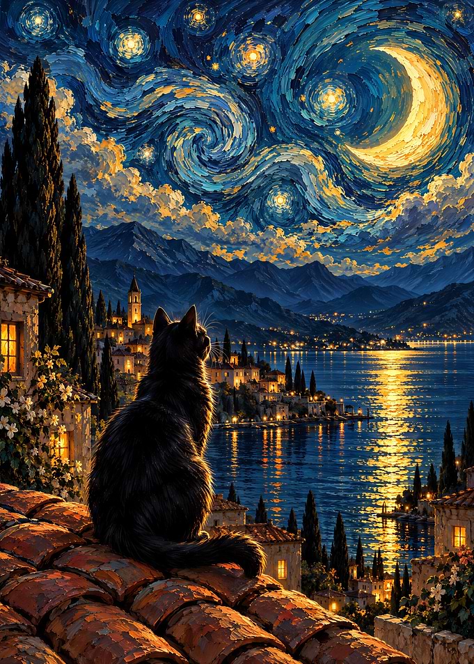 Black Cat Watching Starry Night