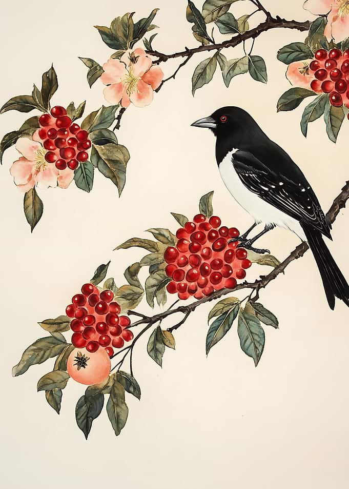Bird Perched on Berry Branch Painting