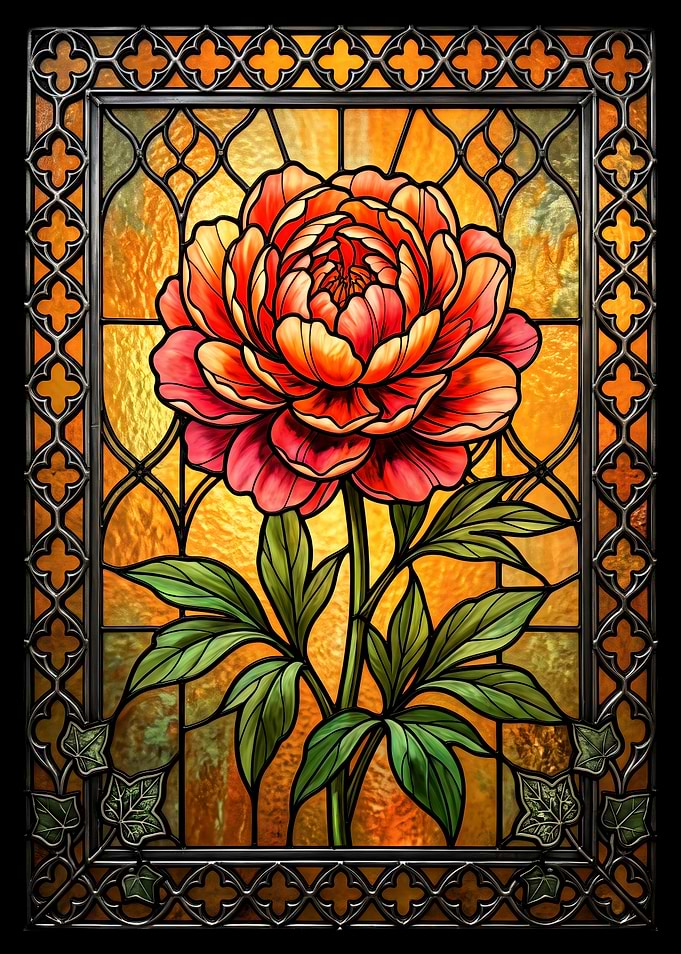Stained Glass Peony Flower Panel