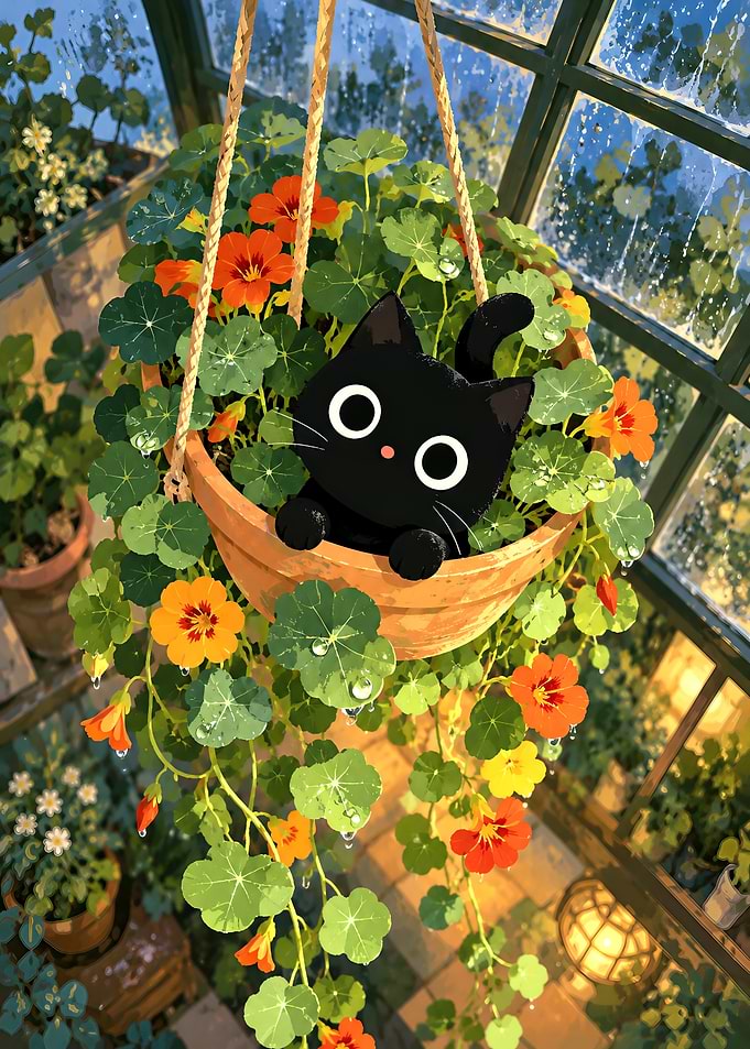 Cute Black Cat in Hanging Planter