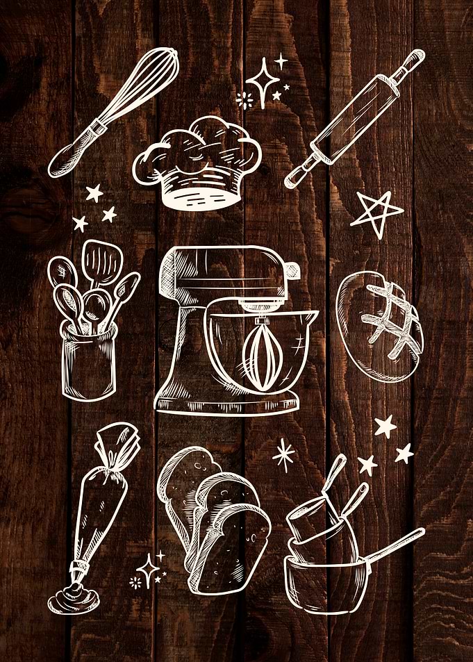 Vintage Chalk Style Baker Kitchen Tools Dark Wood Wall Art