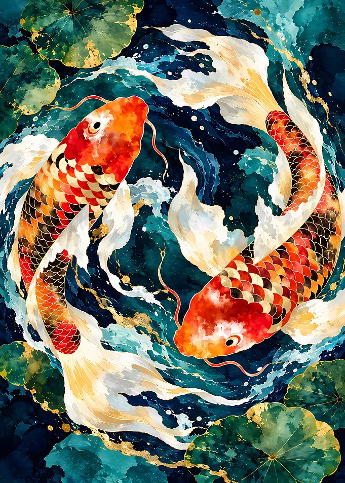 Koi Fish Yin Yang Watercolor Art