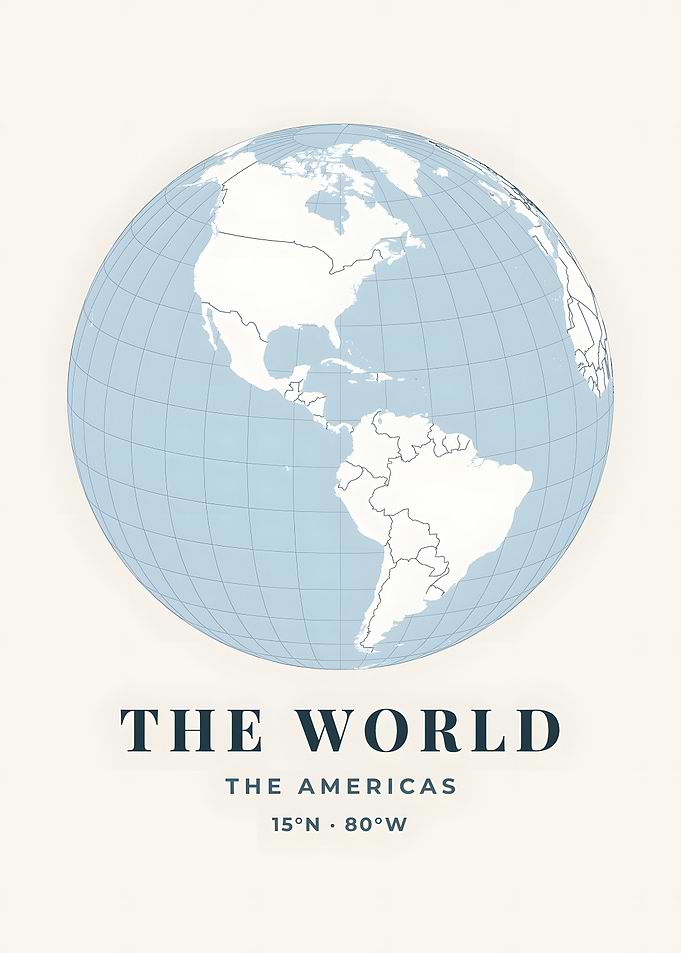 Americas Globe Coastal Blue World Map Print