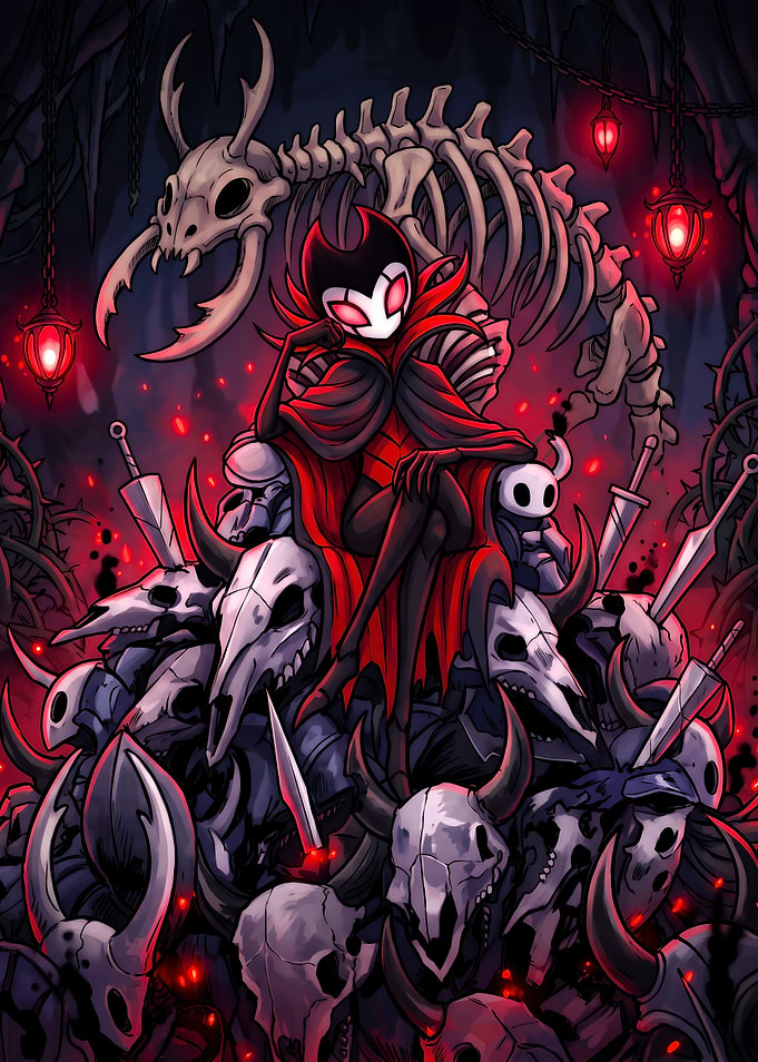 Grimm sitting on a throne of skulls