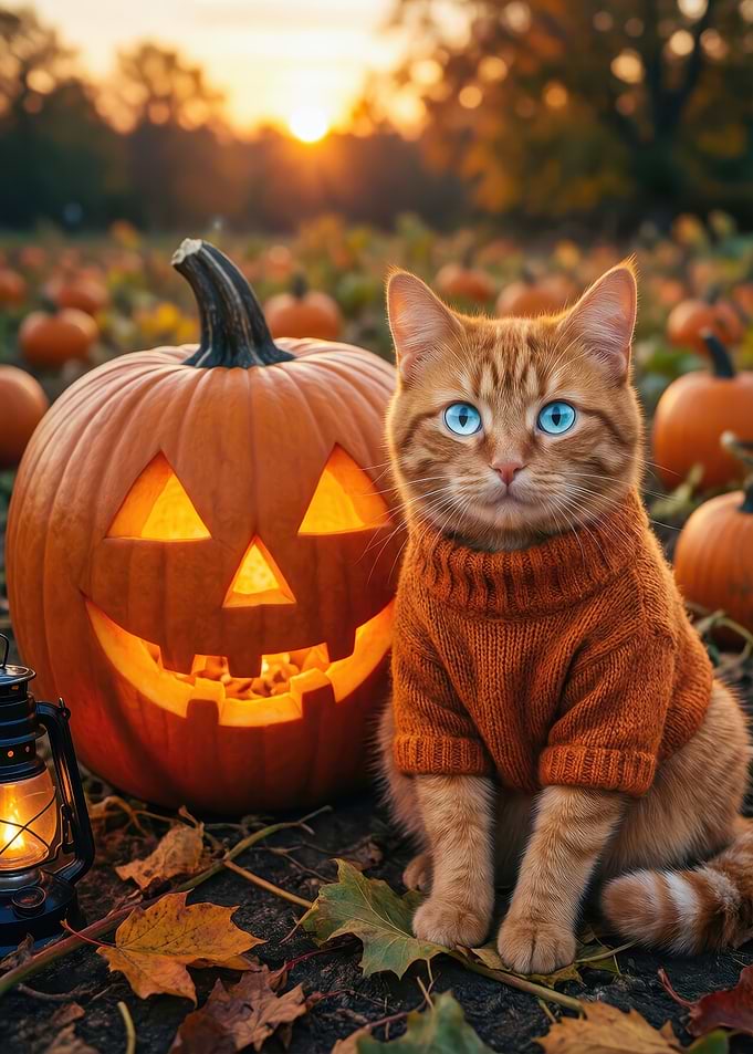 Ginger Cat in Sweater with Jack-o'-lantern