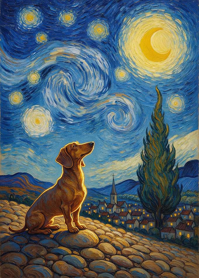 Dachshund in Starry Night Style