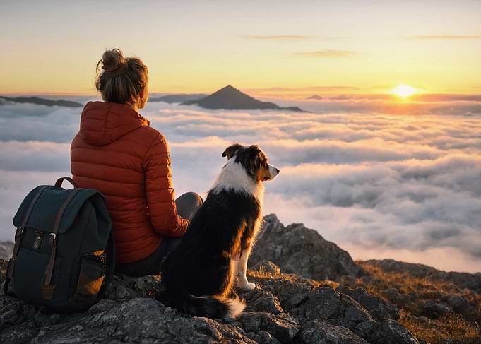 Hiker and Dog Watching Sunset