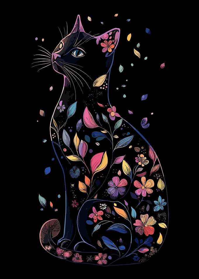 Floral Silhouette Black Cat Art