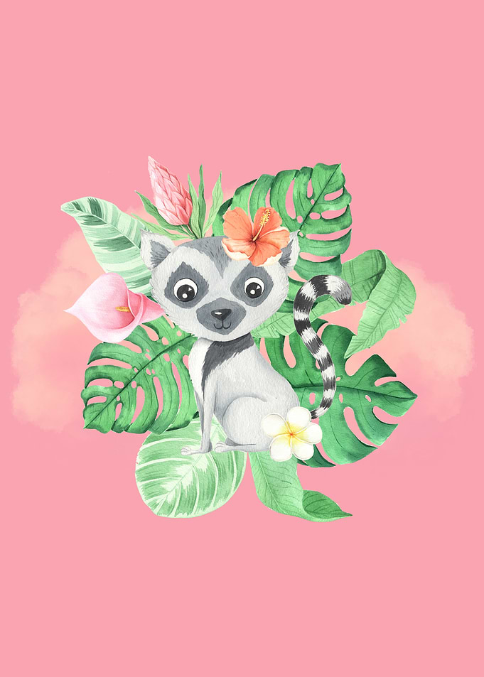 Cute Lemur in Tropical Flowers
