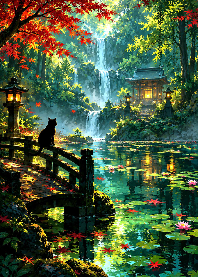 Black Cat at Japanese Garden Waterfall
