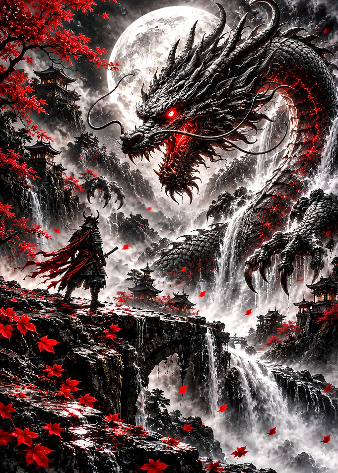 Samurai Facing a Giant Dragon