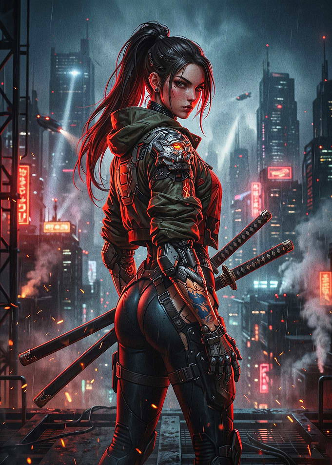 Cyberpunk Girl Samurai Sci-Fi Art