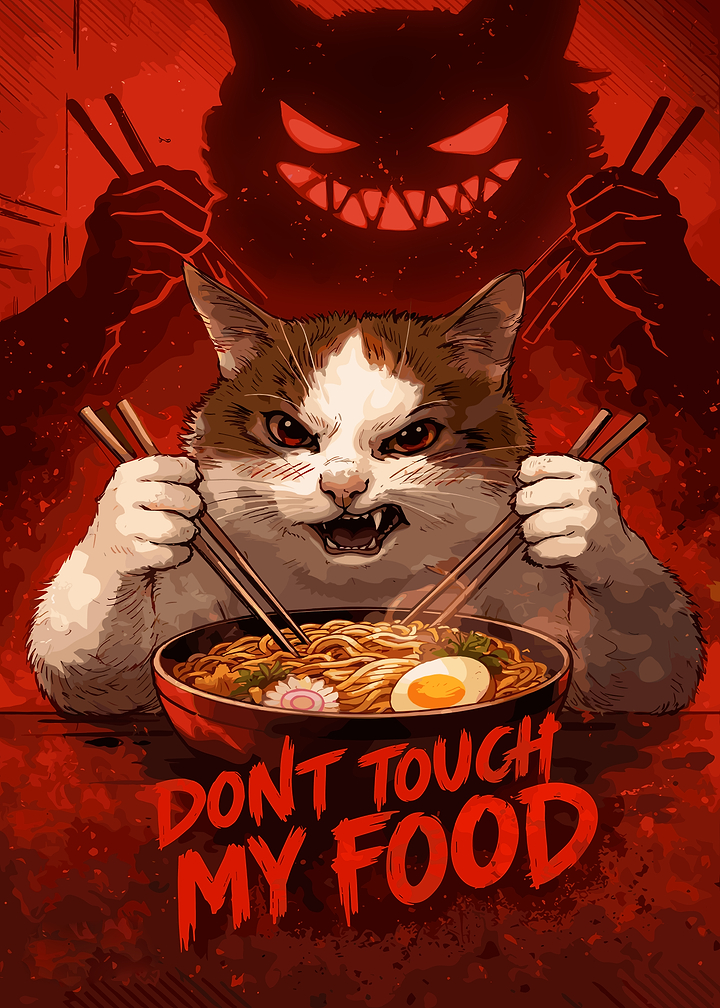 Angry Cat Eating Ramen Poster