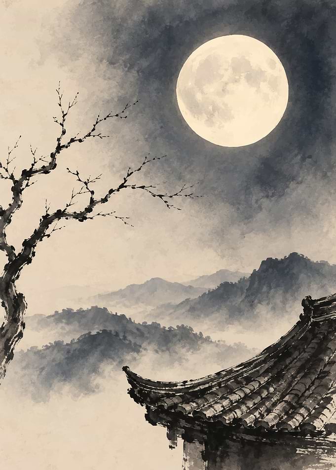 Traditional Ink Wash Moonlit Landscape