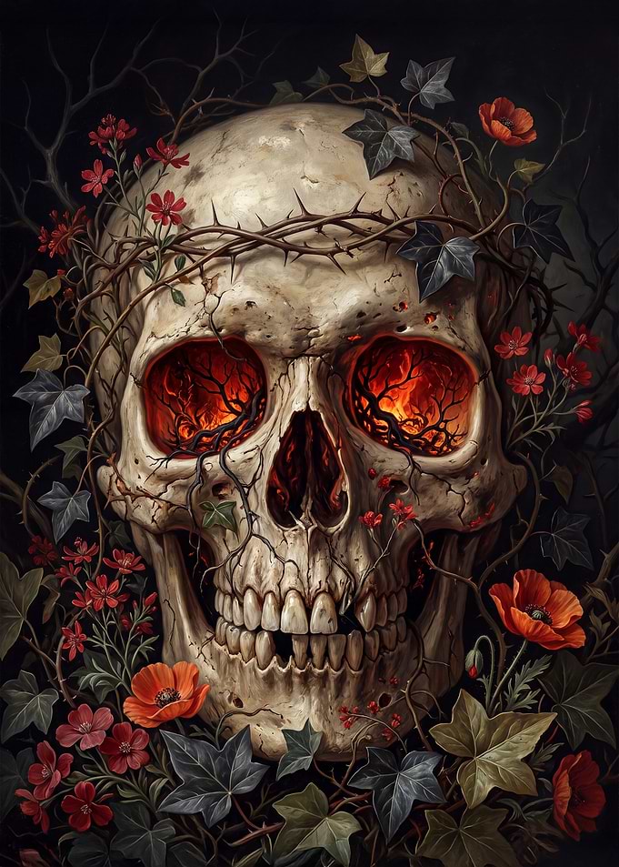 Fiery Skull Surrounded by Floral Vines