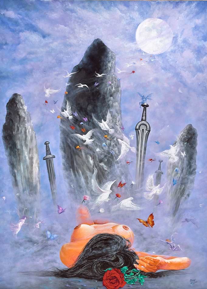 Surreal Fantasy Painting with Swords and Doves