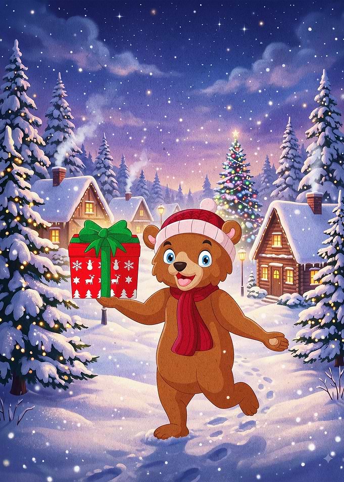 Christmas Bear Gift Cute Art Poster