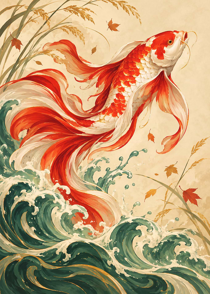 Elegant Koi Fish in Autumn Waves