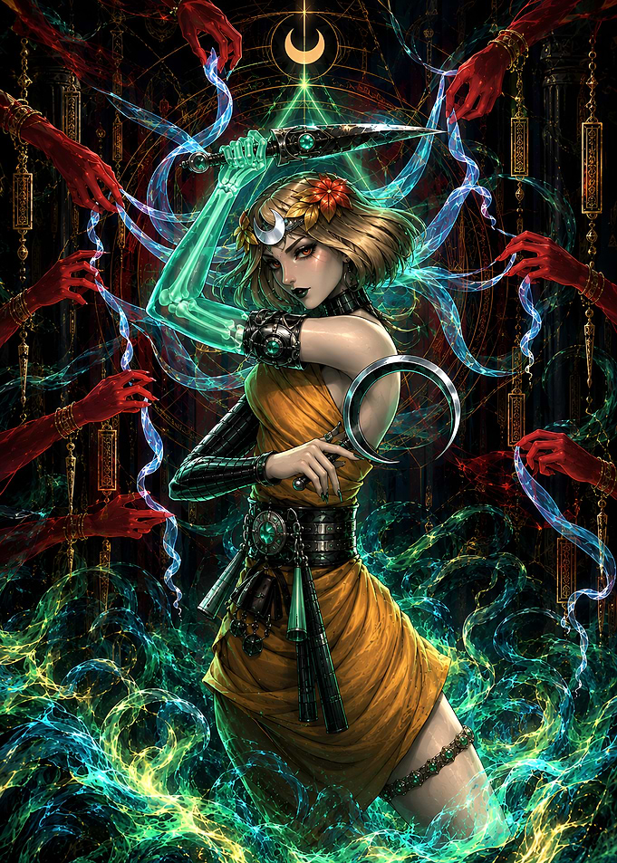 Mystical Warrior Goddess with Crescent Moon
