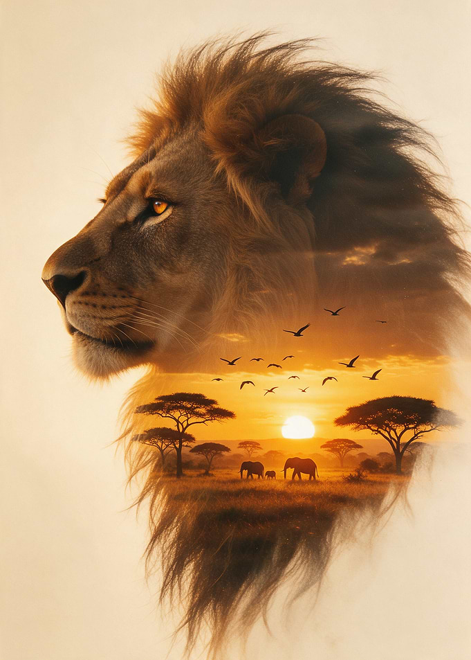 Double Exposure Lion Savannah Sunset