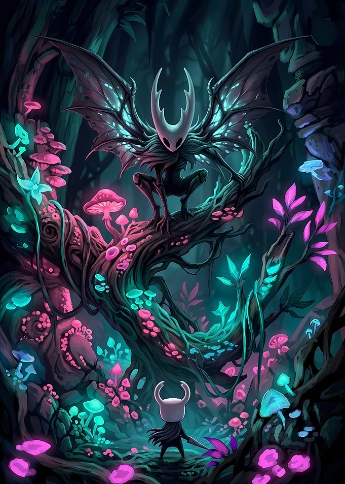 Hollow Knight Encounter in Glowing Forest