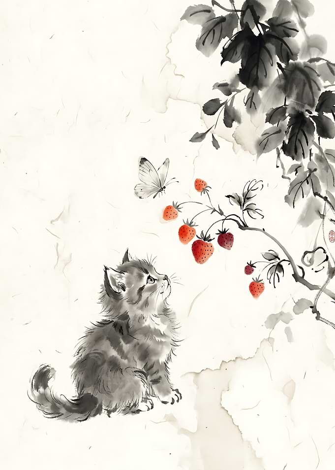 Watercolor Kitten Watching Butterfly and Strawberries