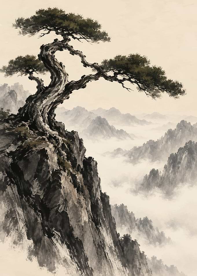 Traditional Ink Wash Pine Tree Landscape