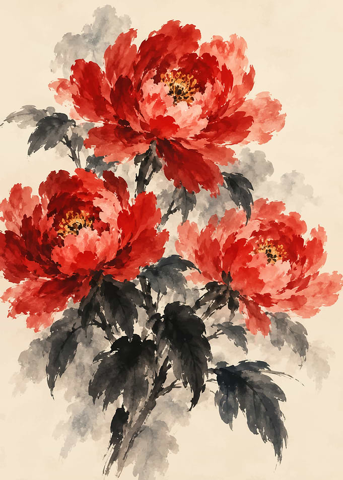 Traditional Chinese Ink Wash Peony Painting