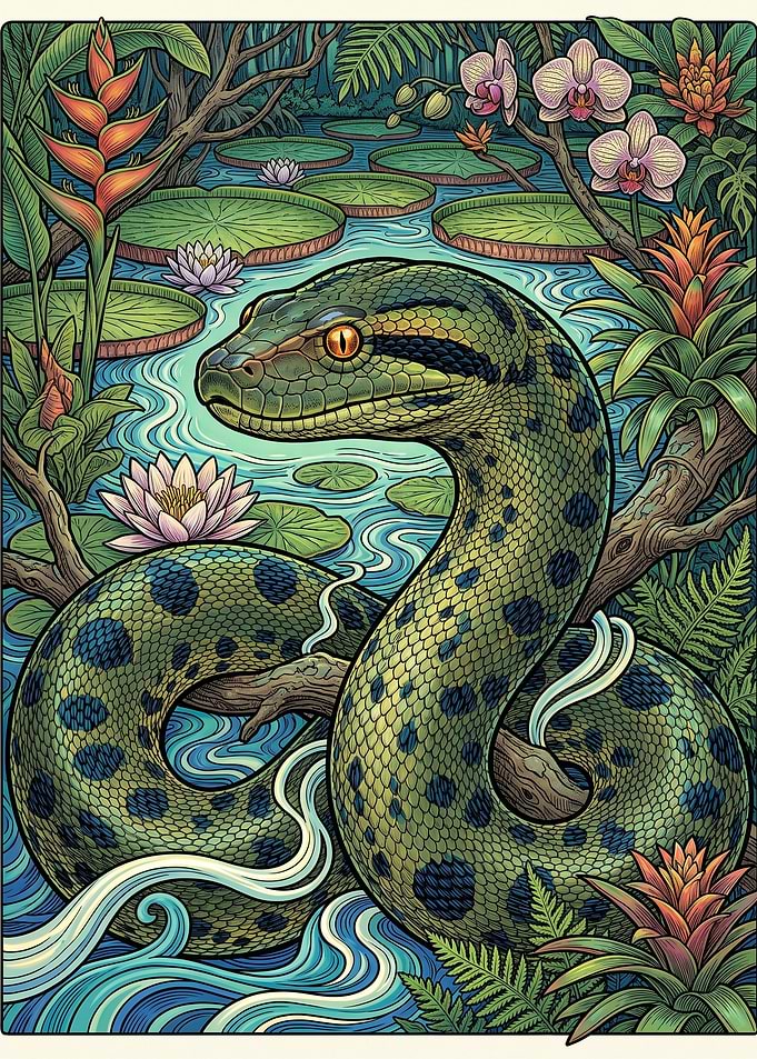 Green Anaconda in Tropical Jungle