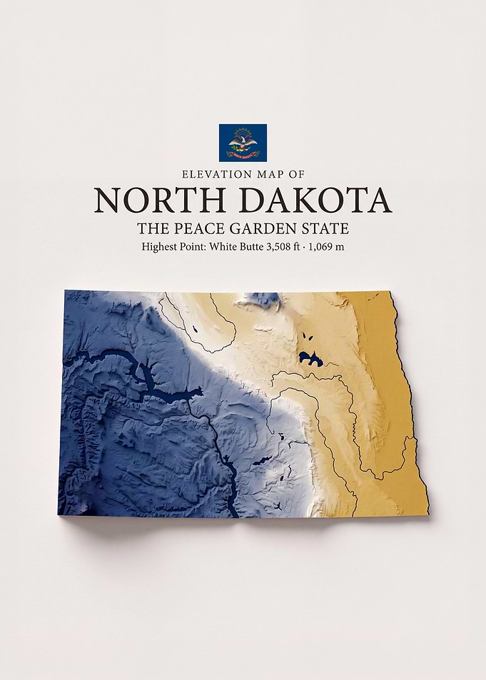 North Dakota Elevation Map Poster