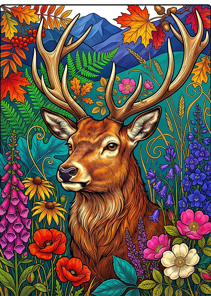 Majestic Stag in Vibrant Floral Meadow